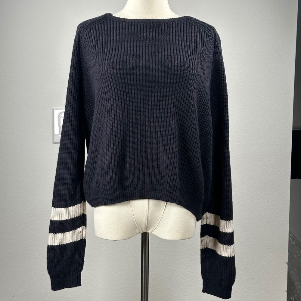 Velvet by Graham & Spencer Womens Wool Sweater Navy Cream Stripe L Heritage prep